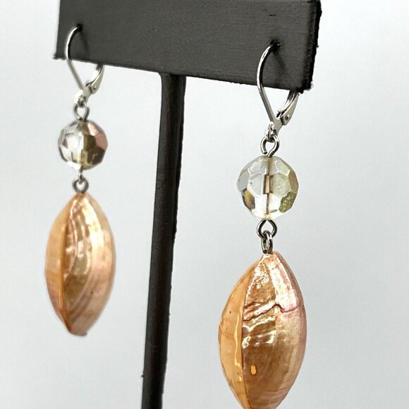 Peach Dyed Double Shell Bead Dangle Pierced Earrings 2.5" - Picture 7 of 9